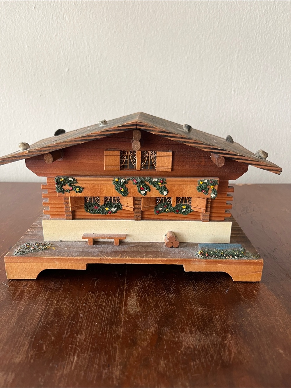 Vintage Wooden Swiss Alpine Chalet Music Box Winds Up on Bottom
